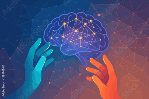 Hands connecting to a brain with a neural network. Concept for psychology, mental health, AI, science, and technology. Synergy and collaboration metaphor. Neurological care and support.