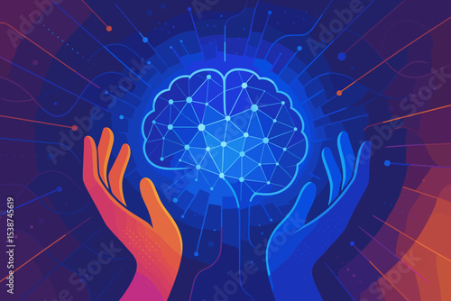 Concept of artificial intelligence and human mind collaboration. Two hands connecting with a digital brain neural network. Technology, innovation, machine learning, and neuroscience vector.