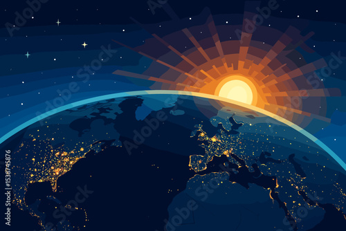 Sunrise over planet Earth as seen from space. World map with glowing city lights in Europe and North America. Global network, communication, and technology concept. A new day begins.