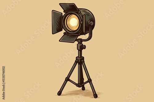 Vintage movie spotlight on a tripod. Retro cinema equipment illustration. Old film production stage light vector. Classic theater searchlight for entertainment and show concept.