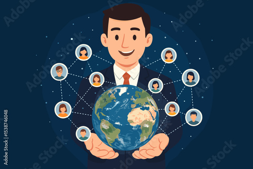 Global business network and communication concept. Businessman holding planet Earth with a diverse group of people connected. Social media, teamwork, and worldwide collaboration illustration.