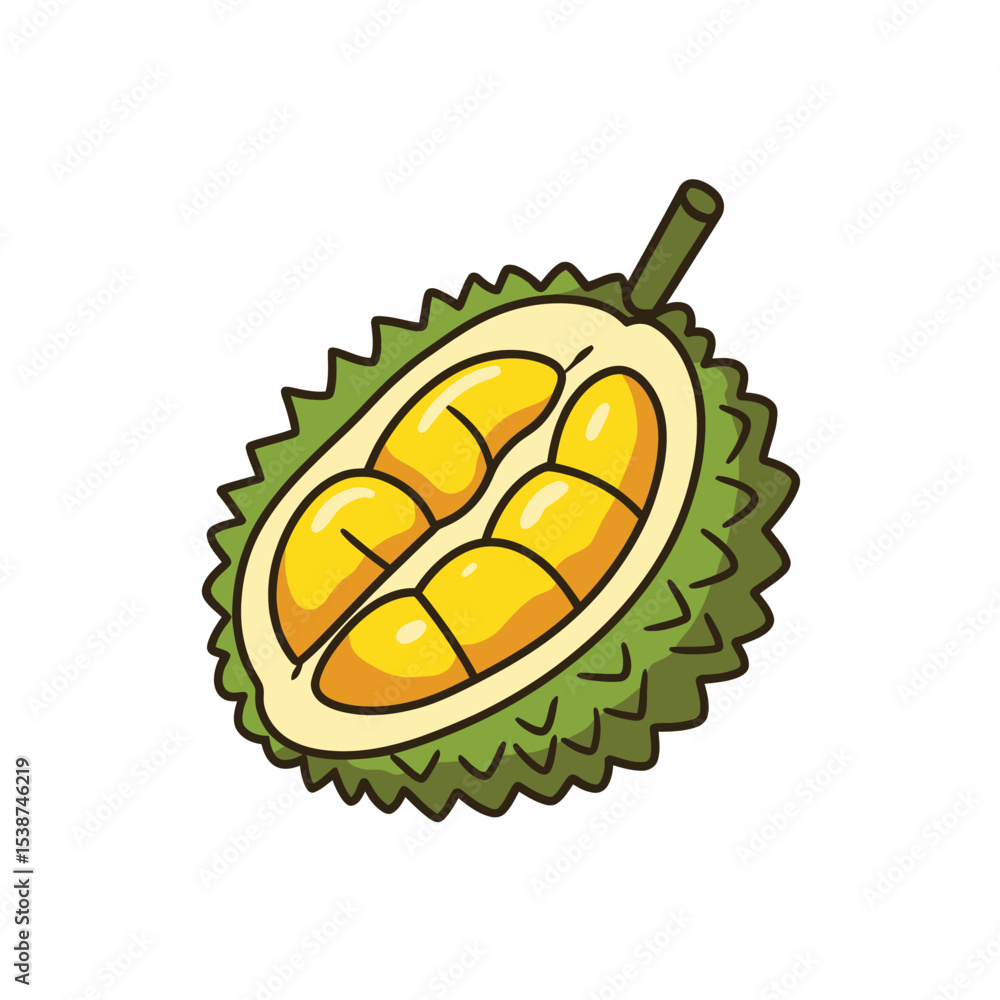 Fototapeta premium Cartoon Durian Fruit Halved with Yellow Pods Illustration
