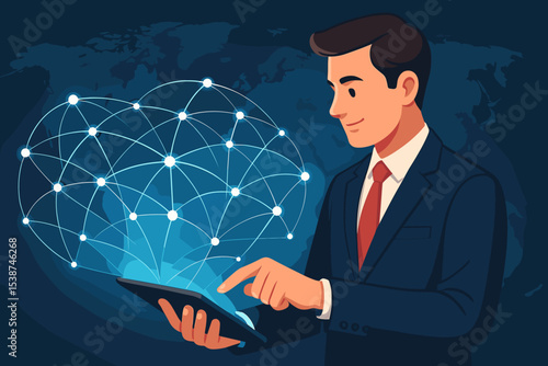 Businessman holding a tablet with a glowing global network. Concept for worldwide business, data connection, communication technology, internet, and international trade strategy.