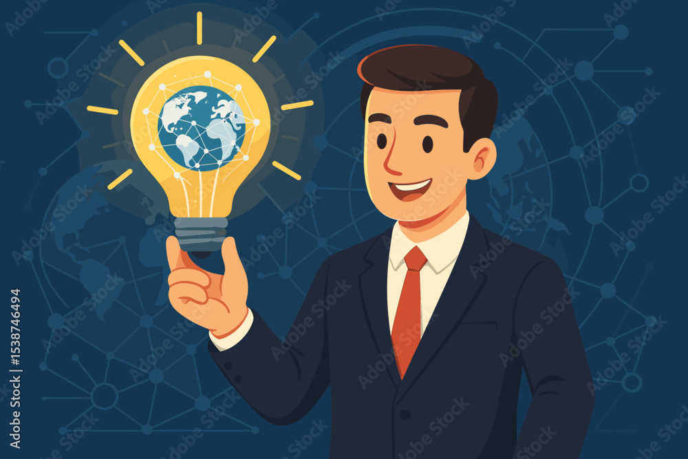 Global business innovation and technology concept. Businessman holding a light bulb with a connected earth globe inside. Metaphor for creative idea, insight, solution, and strategy. Global business innovation and technology concept. Businessman holding a light bulb with a connected earth globe inside. Metaphor for creative idea, insight, solution, and strategy.