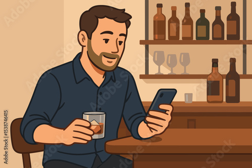 Man relaxing at a bar table, drinking whiskey and using a smartphone. Vector illustration of a modern lifestyle. Character sitting alone, enjoying an evening drink. Social connection.