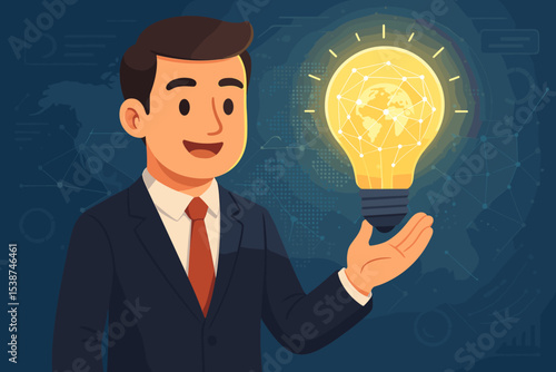 Global innovation and technology concept. Businessman holding a glowing lightbulb with a world map network. Creative idea for business strategy, success, insight, and solutions.