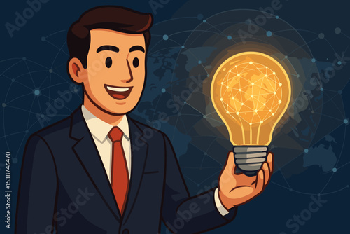 Businessman holds lightbulb with global network inside. Concept of innovation, technology, AI, bright idea, insight, and worldwide business solutions. Cartoon vector illustration.