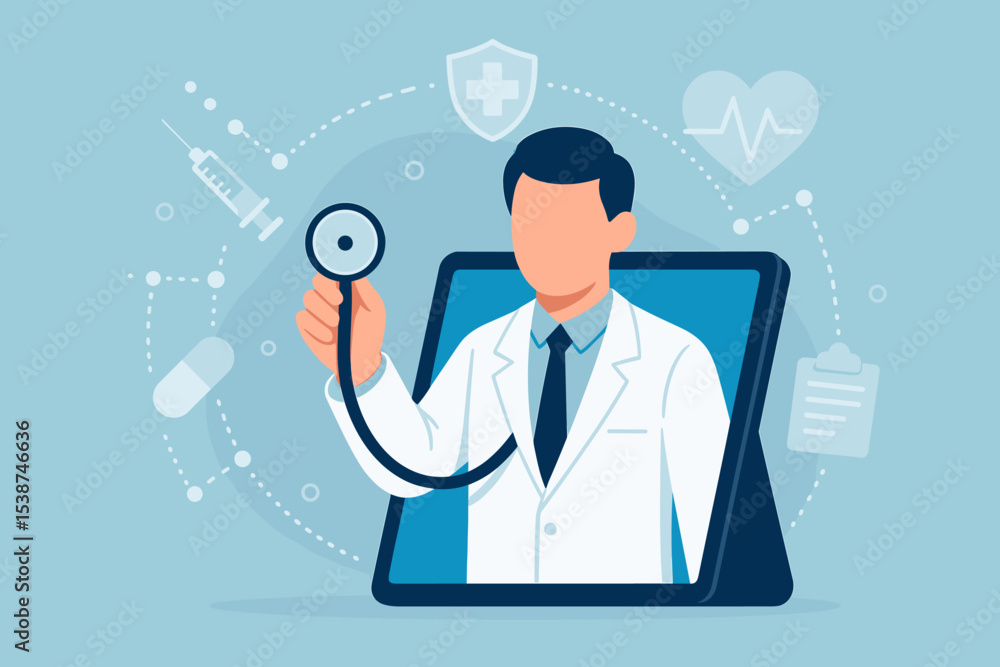 Telemedicine concept with doctor on tablet screen offering online medical consultation. Virtual doctor visit and digital healthcare technology. E-health support with stethoscope. Telemedicine concept with doctor on tablet screen offering online medical consultation. Virtual doctor visit and digital healthcare technology. E-health support with stethoscope.