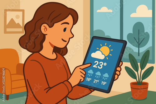 Woman checking weather forecast on tablet app at home. Person planning day with meteorology prediction on digital device screen. Sunny, rainy climate. Modern lifestyle vector.