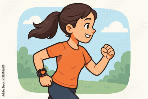 Young woman running outdoors with a smartwatch. Concept of active lifestyle, fitness, exercise, cardio workout, and health monitoring. Cartoon vector illustration of a girl jogging in a park.