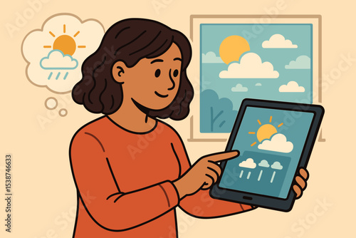 Woman checking weather forecast on digital tablet at home. Person using meteorology app with sun, cloud, and rain icons. Concept of planning ahead with modern technology. Vector.
