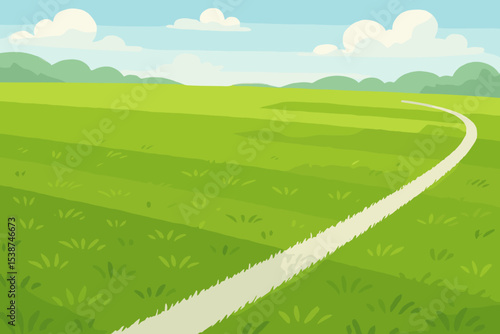 Cartoon soccer field background with green grass lawn and white marking line. Empty football pitch or stadium for sports game. Summer outdoor landscape with blue sky and clouds.