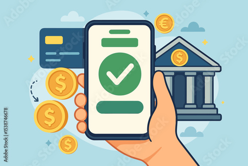 Online payment success with checkmark on smartphone screen. Hand holding phone for mobile banking. Concept of secure money transfer, digital wallet, e-commerce, and fintech.