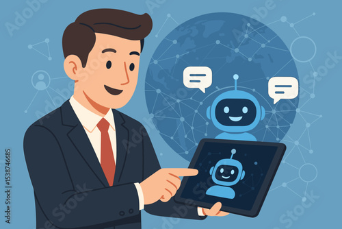 AI chatbot interaction concept. Businessman using tablet to communicate with a virtual assistant. Artificial intelligence technology for online customer service, global support, and helpdesk.