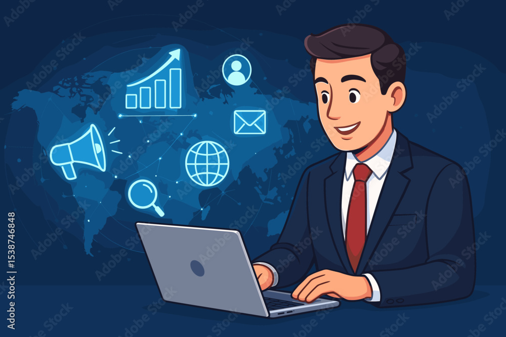 Digital marketing and global business strategy concept. Businessman using a laptop with a hologram interface showing icons for SEO, data analytics, email, and online advertising. Digital marketing and global business strategy concept. Businessman using a laptop with a hologram interface showing icons for SEO, data analytics, email, and online advertising.