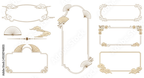 Elegant oriental frame set with fans and clouds: vintage decorative borders vector illustration
