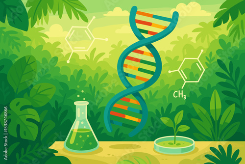Concept of biotechnology and biochemistry with DNA strand, flask, and chemical structures in a green nature setting. Plant science, genetic research, and laboratory discovery.