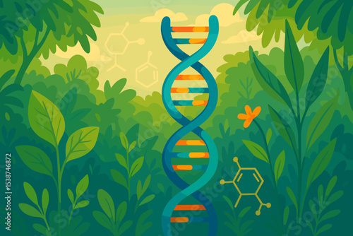 Biotechnology concept of science and nature fusion. DNA helix in a green forest with plants and chemical molecules. Vector for genetics, biodiversity, ecology and environment.
