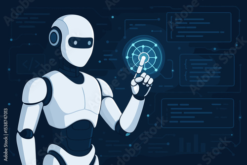 Artificial intelligence concept with robot interacting with futuristic digital interface. Humanoid bot touching a glowing hologram. Future technology, automation, machine learning.
