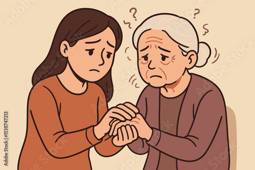 Daughter supporting elderly mother with dementia or Alzheimer's disease. Concept for mental health issues, memory loss, confusion. Family care, empathy, and help for senior parent.