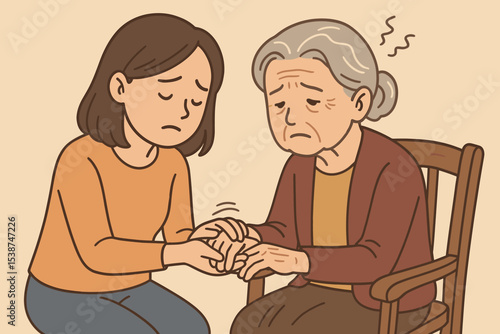 Daughter comforting sad elderly mother. Woman supports senior with dementia or depression. Family care, mental health and empathy concept. Caregiver holding hands illustration.