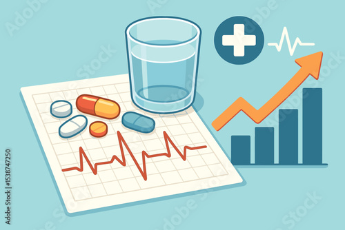 Healthcare business growth concept vector. Pharmaceutical industry stock market analysis. Medical expenses and insurance costs rising graph. Medicine, pills, and treatment success.