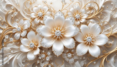 Elegant white flowers with gold accents and crystal embellishments in luxurious 3D style. Perfect for wedding decor, luxury branding, or background designs.