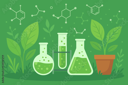 Botany and chemistry research concept illustration. Laboratory flasks, test tubes, and green plants. Vector for biotechnology, plant science, agricultural experiment, and ecology.