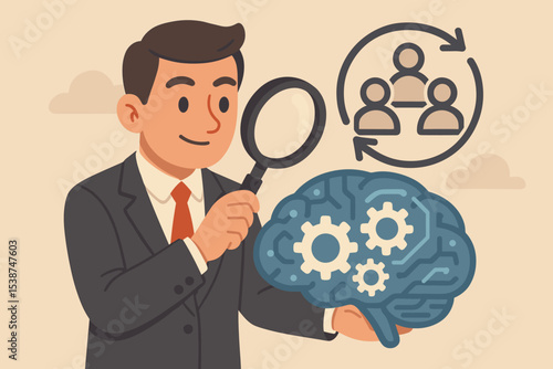 Business strategy concept with man holding magnifying glass over brain with gears. Metaphor for market research, data analysis, consumer psychology, talent search and headhunting.
