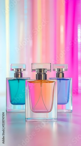 Three perfumes, vibrant background, studio shot, ad campaign