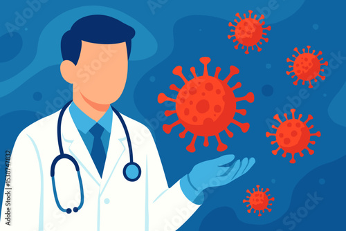 Doctor fighting virus concept. Male physician or scientist researching new pandemic disease outbreak. Medical professional with stethoscope studying coronavirus. Healthcare and science.