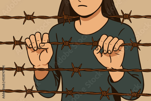 Woman's hands holding rusty barbed wire, a metaphor for being trapped and confined. Concept of imprisonment, hopelessness, refugee crisis, oppression, and lack of freedom.