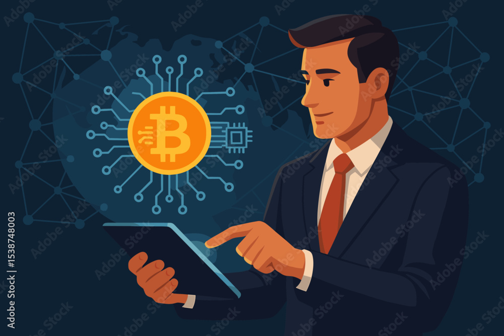 Businessman investor with tablet trading bitcoin. Cryptocurrency concept with blockchain technology. Fintech, digital currency exchange, global network, and financial innovation vector. Businessman investor with tablet trading bitcoin. Cryptocurrency concept with blockchain technology. Fintech, digital currency exchange, global network, and financial innovation vector.