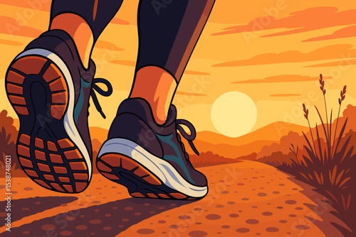 Running shoes closeup on a trail at sunset. Athlete jogging for fitness, marathon training. Concept of healthy lifestyle, outdoor exercise, cardio workout and wellness. Vector.