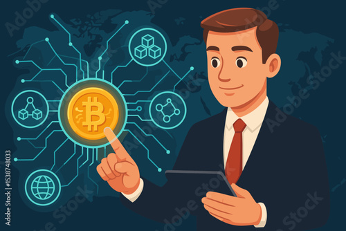 Businessman managing cryptocurrency with blockchain technology. Fintech concept with man touching Bitcoin icon on virtual interface. Digital finance, investment, and global network.