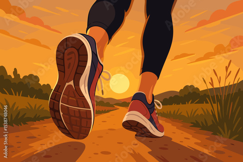 Runner feet jogging on a country road at sunset. Low angle view of running shoes on a trail. Concept of exercise, fitness, sport, marathon training, workout, and healthy lifestyle.