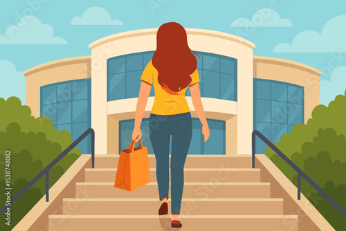 Woman from back view walking up stairs to a shopping mall entrance. Female customer with a shopping bag goes for retail therapy. Consumerism and modern lifestyle concept vector.
