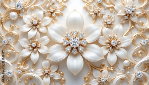 Elegant white flowers with gold accents and crystal embellishments in luxurious 3D style. Perfect for wedding decor, luxury branding, or background designs.