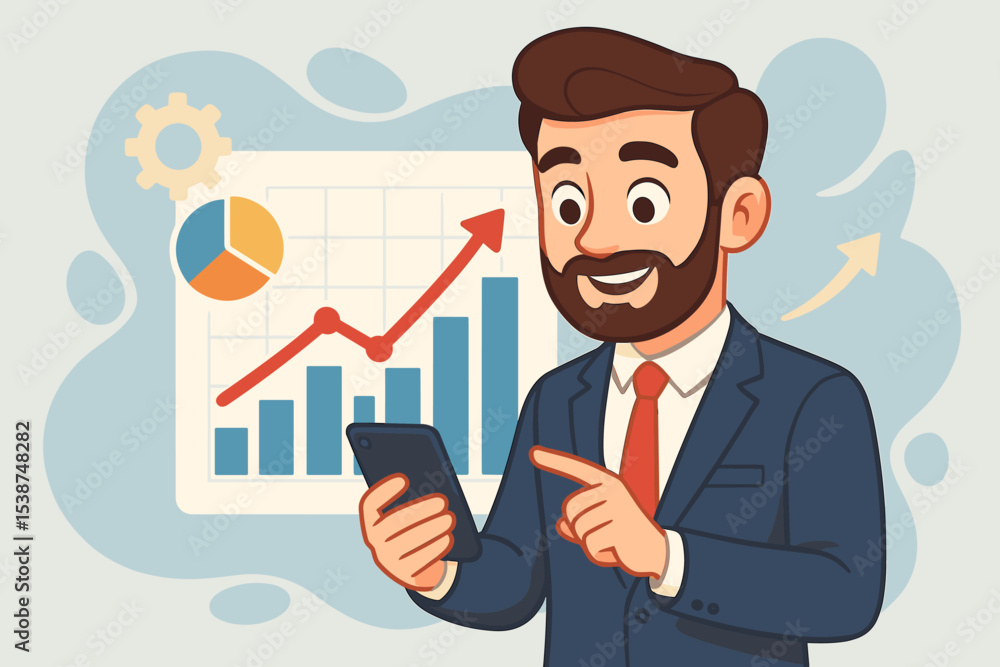 Financial advisor analyzing data for business growth and investment strategy. Happy businessman with phone looks at profit chart and statistics report. Marketing analytics success concept. Financial advisor analyzing data for business growth and investment strategy. Happy businessman with phone looks at profit chart and statistics report. Marketing analytics success concept.