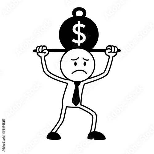 Sad man lifting dollar weight symbolizing financial burden