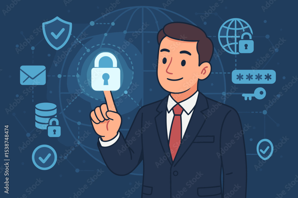 Cybersecurity concept illustration. Businessman ensures data protection and internet security. Digital privacy, secure network, password authentication, information technology concept. Cybersecurity concept illustration. Businessman ensures data protection and internet security. Digital privacy, secure network, password authentication, information technology concept.