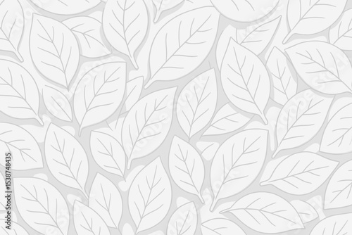 White 3D seamless pattern with embossed paper leaves. Abstract botanical background with foliage. Elegant floral texture in papercraft style. Minimalist relief illustration.