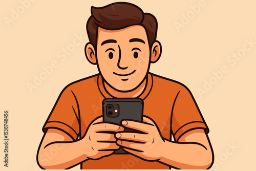 Man using smartphone for communication and social media. Vector illustration of a young person browsing, texting or scrolling on a mobile phone. Tech savvy digital lifestyle concept.