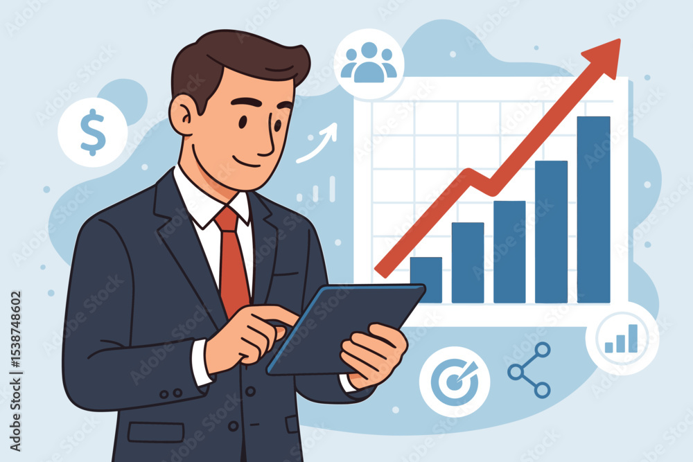 Businessman analyzing financial data on a tablet. Concept of market trend analysis, investment, and business growth. Vector illustration with a rising bar chart and upward arrow. Businessman analyzing financial data on a tablet. Concept of market trend analysis, investment, and business growth. Vector illustration with a rising bar chart and upward arrow.