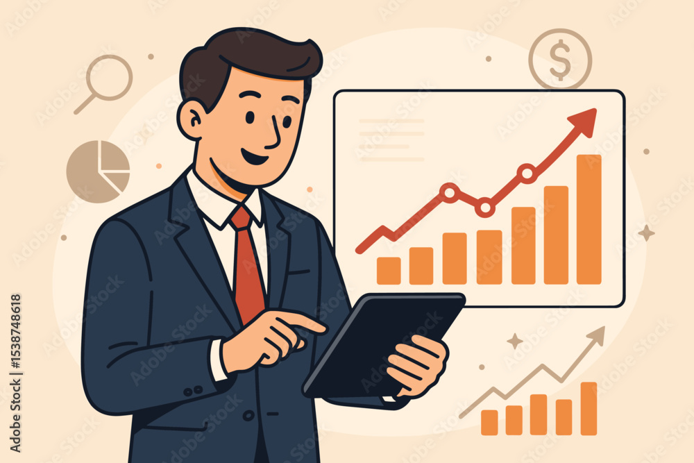 Successful businessman analyzing market trends with a tablet. Financial data report with growth chart and graph. Concept of investment, economy, stock market, and profit strategy. Successful businessman analyzing market trends with a tablet. Financial data report with growth chart and graph. Concept of investment, economy, stock market, and profit strategy.