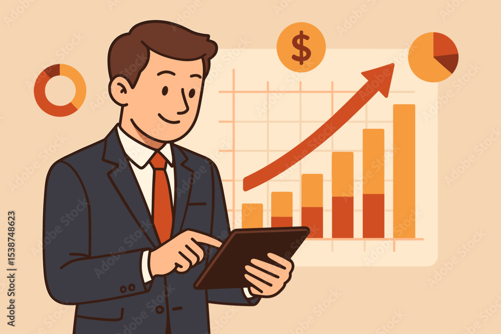 Businessman analyzing financial data on a tablet. Market trends and investment growth concept. Success in business with charts, graphs, and diagrams. Stock market analysis vector. Businessman analyzing financial data on a tablet. Market trends and investment growth concept. Success in business with charts, graphs, and diagrams. Stock market analysis vector.
