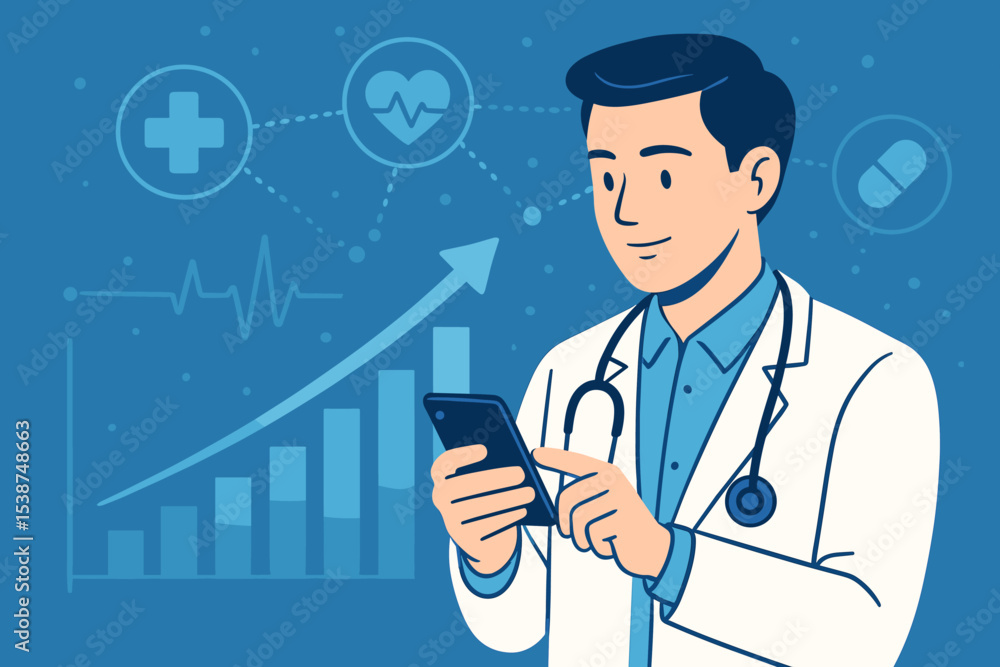 Digital healthcare concept with doctor using smartphone. Telemedicine, e-health, and mobile medical app for online consultation. Health data analysis with growth chart. Vector. Digital healthcare concept with doctor using smartphone. Telemedicine, e-health, and mobile medical app for online consultation. Health data analysis with growth chart. Vector.