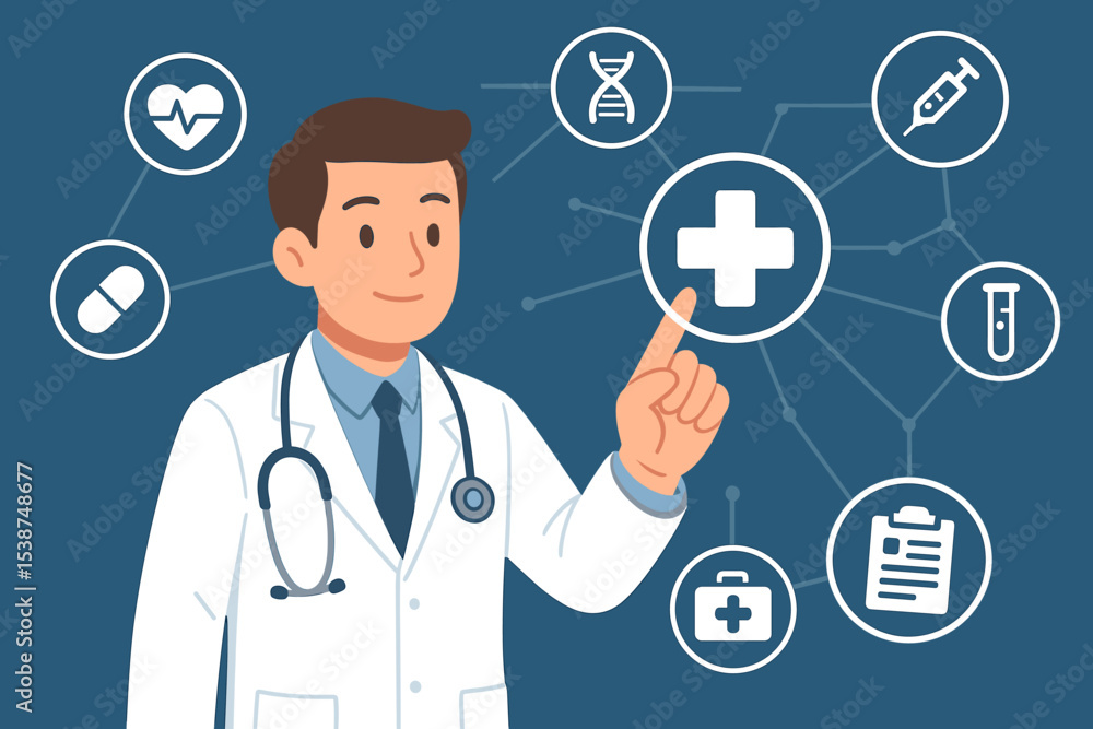 Male doctor interacting with a digital interface of medical icons. Healthcare technology, innovation, and telemedicine concept. Online consultation, E-health service, virtual doctor. Male doctor interacting with a digital interface of medical icons. Healthcare technology, innovation, and telemedicine concept. Online consultation, E-health service, virtual doctor.