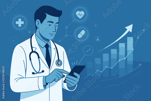 Digital healthcare innovation concept. Doctor using smartphone to analyze patient data, medical records. Telemedicine and health tech growth chart. Vector illustration for mHealth.