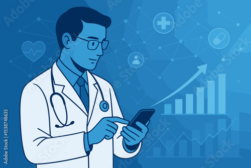 Digital healthcare concept with a doctor using a smartphone for telemedicine. E-health technology showing data analytics and growth chart. Medical innovation, mobile app, online consultation.